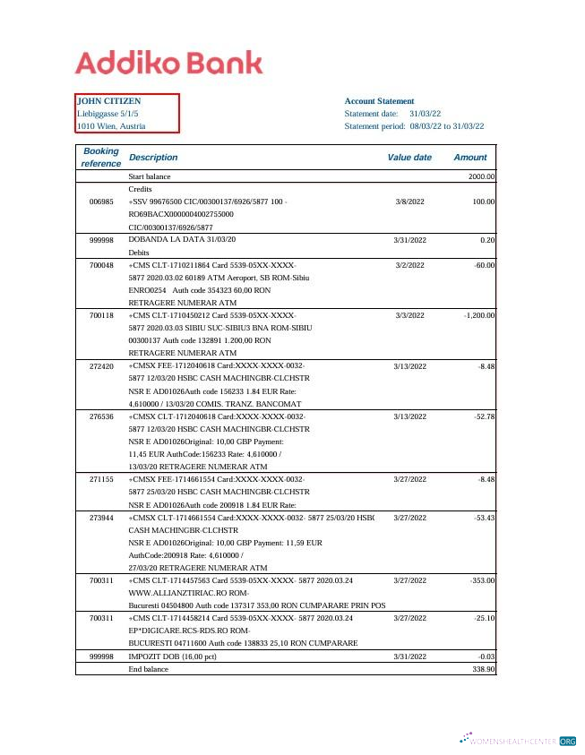 Download Austria Addiko Bank bank statement excel Photoshop template